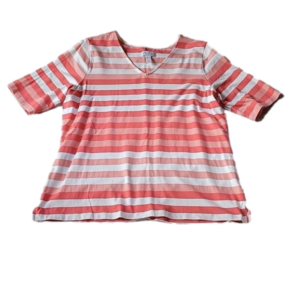 QVC Denim & Co Pink White Striped V-neck Short Sleeve Top Medium EUC